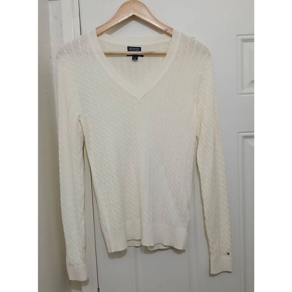 Tommy Hil womens medium 100% pima cotton cable knit ivory lightweight sweater - Picture 2 of 8